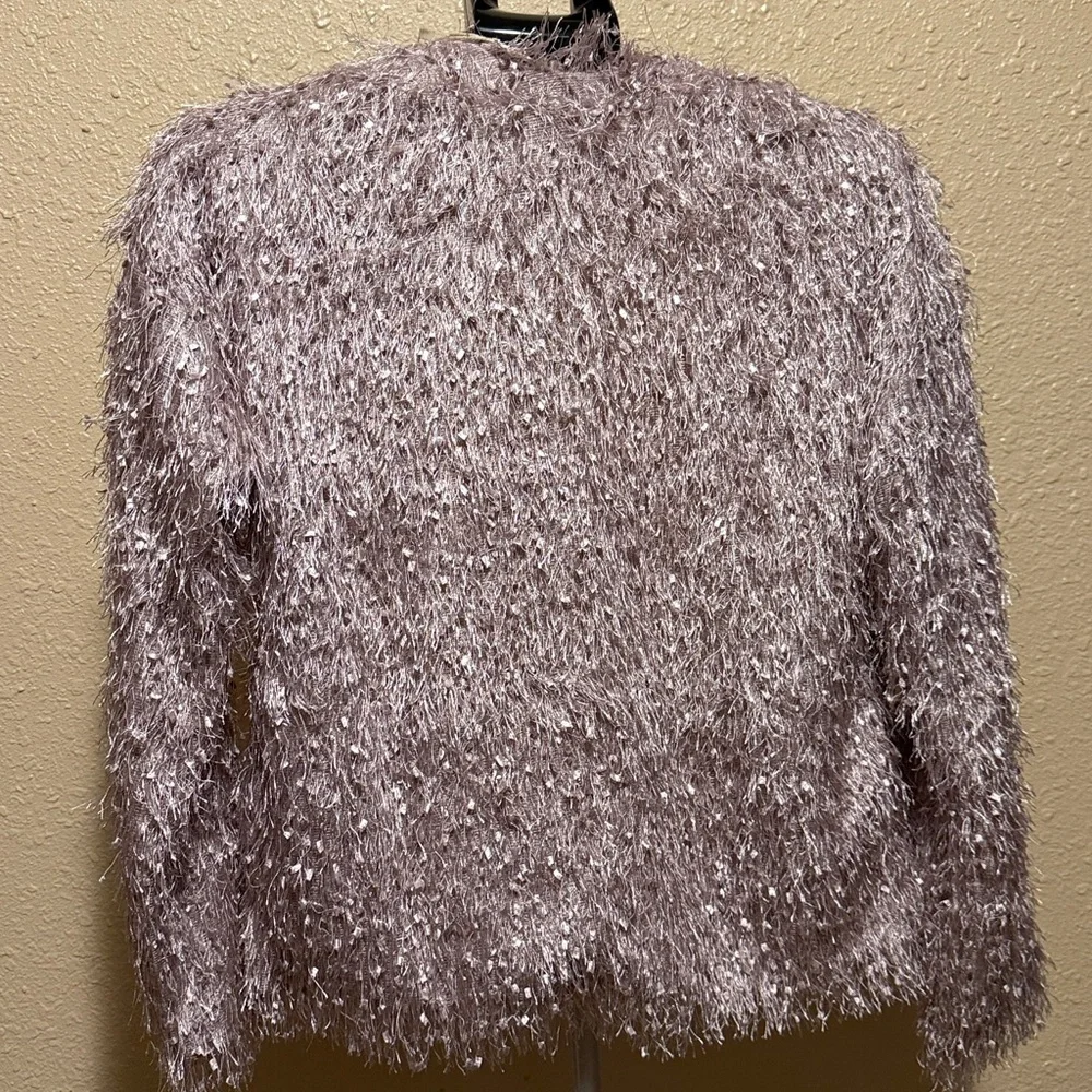Shaggy eyelash yarn open front lavendar cardigan by Mystree Women’s Medium nwt - Picture 6 of 10